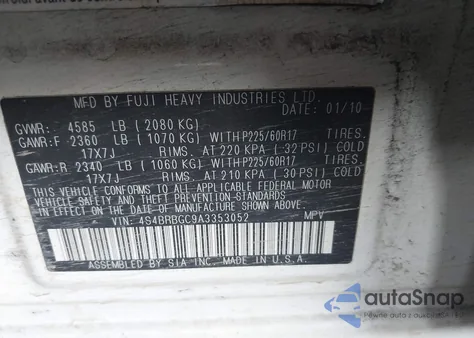 2010 Subaru Outback 2.5I Premium из США, поврежденный, VIN 4S4BRBGC9A3353052